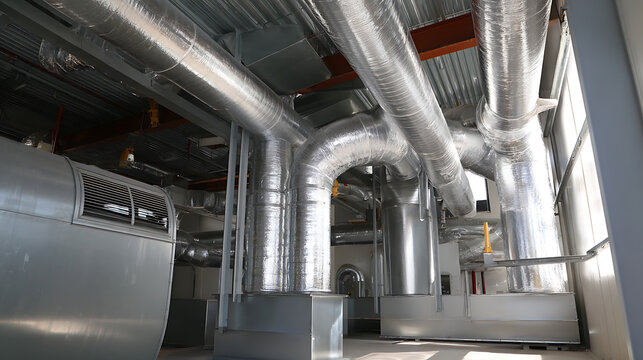Industrial air handling unit and HVAC ventilation system in a modern facility, showcasing complex metal ducts and climate control technology