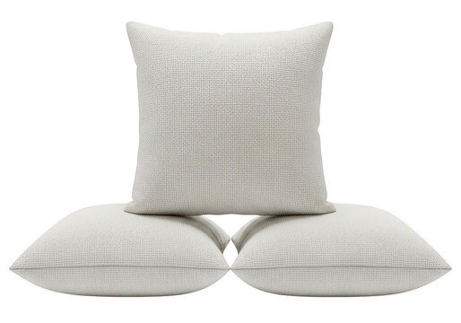 A stack of three soft square pillows made of beige textured fabric for comfortable home decor use