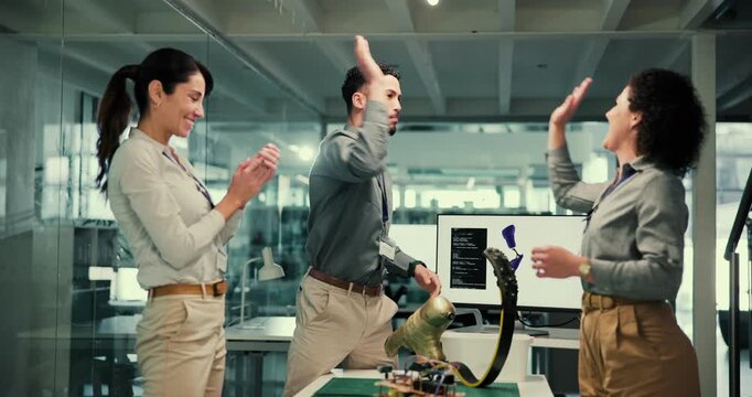 Team, people and stack hands in lab for prosthetic leg, blade and goals with cheers, applause and electronics. Group, high five and bionic engineering for artificial limb, sport and machine learning