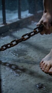 Vertical video: Gripping rusted chain, barefoot person pulling chain from bars, testing tension