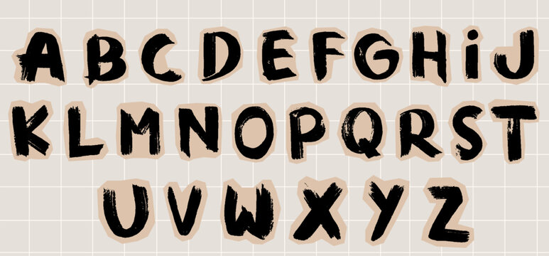Scrapbook alphabet letters. Hand drawn torn font with crayon scribbles. Cutout collage alphabet for decoration, poster, banner, print. Grunge vector craft doodle kid font elements