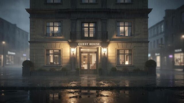 Raincovered medium shot of boutique guesthouse facade highlighting glistening windows and glowing entrance lamps with misty street and distant storefronts softly blurred.