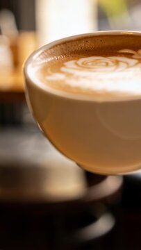 Vertical video: Sliding white cup entering right, rotating to center, showing rose latte art