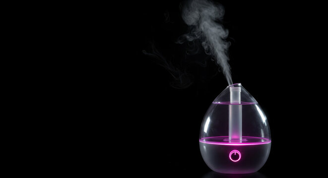 Humidifier diffusing mist with purple light glow. Air aroma diffuser for home, office or spa. Modern device for health care.