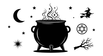 Black silhouette of a witch's cauldron with magic symbols and a witch flying on a broomstick © Muhammad
