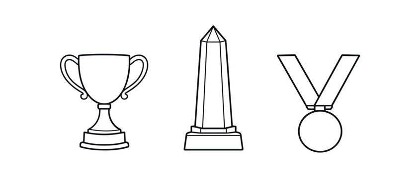Thin outline icons of a trophy obelisk and medal in a row