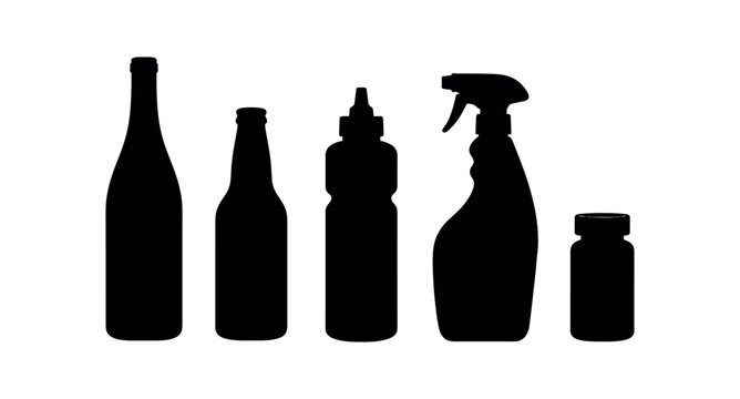 Six black silhouette containers including wine bottle, beer bottle, squeeze bottle, spray bottle and small jar