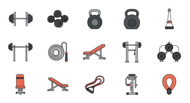 Collection of various gym and fitness equipment for strength training.