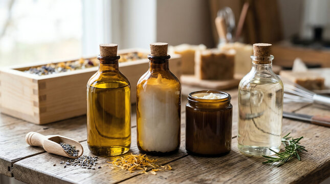 Soap making base oils in glass bottles with olive coconut and shea butter