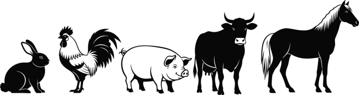 Black and white farm animal silhouettes collection including horse cow pig rooster and rabbit vector illustration set for agriculture branding and livestock farm logos.
