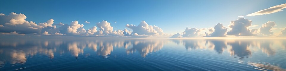 Fototapeta premium An expansive view of the ocean under a clear sky. From the perspective of the viewer, the ocean stretches out to meet the horizon where clouds are visible