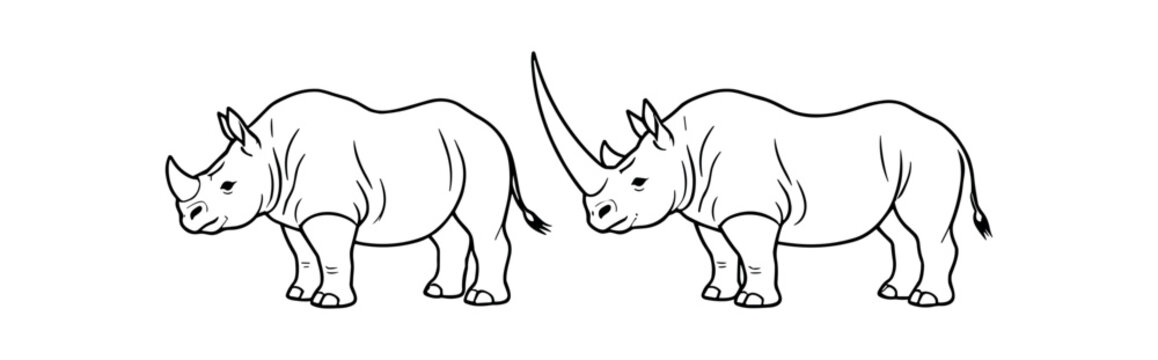 Rhino pair outline line detailed drawing two animals flat vector illustration
