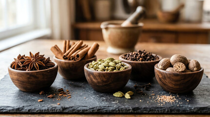 Fototapeta premium Whole spices in wooden bowls with star anise cinnamon and cardamom