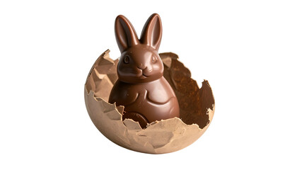 Obraz premium A chocolate bunny emerges from a cracked paper egg against a black backdrop