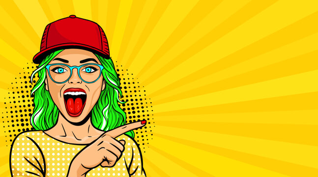 Pop Art Woman with Green Hair Red Cap and Glasses Pointing Finger - Retro Comic Book Style Illustration on Yellow Sunburst Background