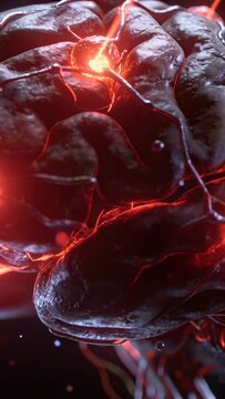 Vertical video: Flaring synapse node spurring light along fibers across cortex, sending signals