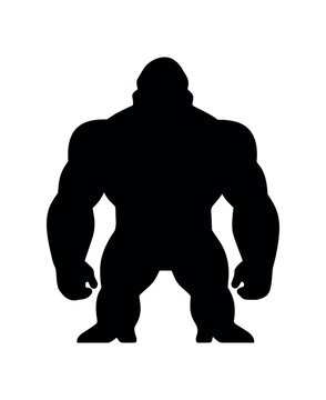 Bold black silhouette of a heavily muscular humanoid standing with arms slightly bent on white background