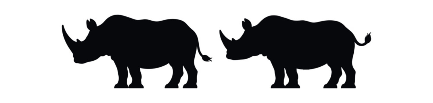 Rhino pair black silhouette side profile two animals flat vector icon