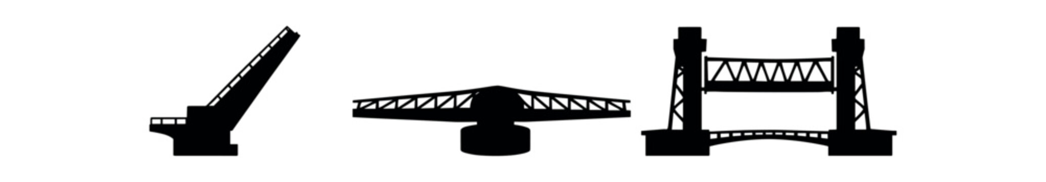 Movable bridge silhouettes, bridge mechanism symbol flat vector icon