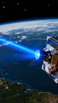 Satellite receiving command, emitting blue beam toward coast, mapping city lights for space tech