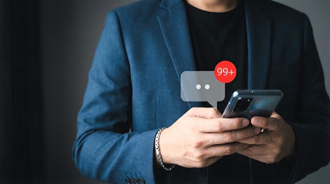 Businessman holding a smartphone displaying an overwhelming amount of unread social media notifications or text messages