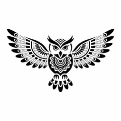 Obraz premium Black and white owl vector illustration with ornate feather patterns flying