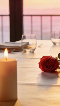 Vertical video: Camera panning balcony table showing two lit candles and red rose for intimate meal