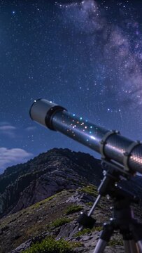 Vertical video: Mount engaging, carbon refractor turning to Milky Way on rock ridge, copy space