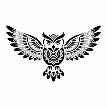 Black and white owl vector illustration with ornate feather patterns flying