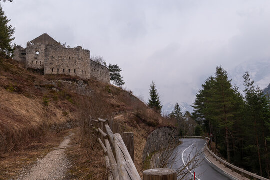 Ruins of Fort Predel in alpine mountain landscape on historic border in Slovenia