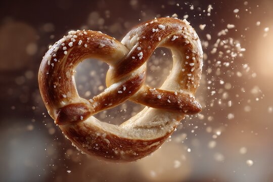 A blushing pretzel twisting itself into a heart shape, salt sparkling 