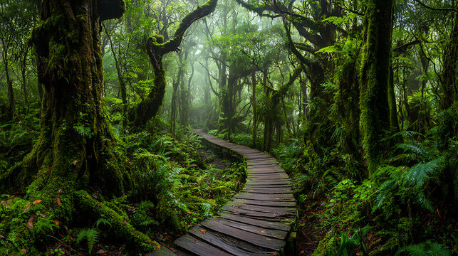Mystical Wooden Boardwalk Path Winding Through a Lush Green Temperate Rain Forest with Ancient Trees and Abundant Ferns on a Foggy Day