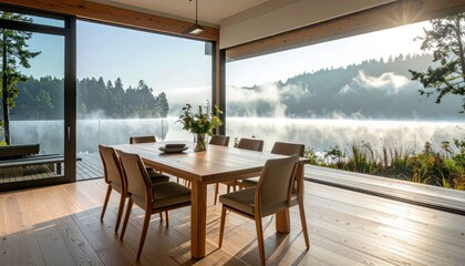 Fototapeta premium Interior dining area with a long wooden table, large windows to a foggy lake view