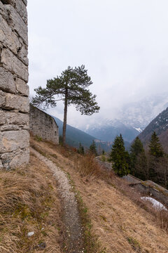 Ruins of Fort Predel in alpine mountain landscape on historic border in Slovenia