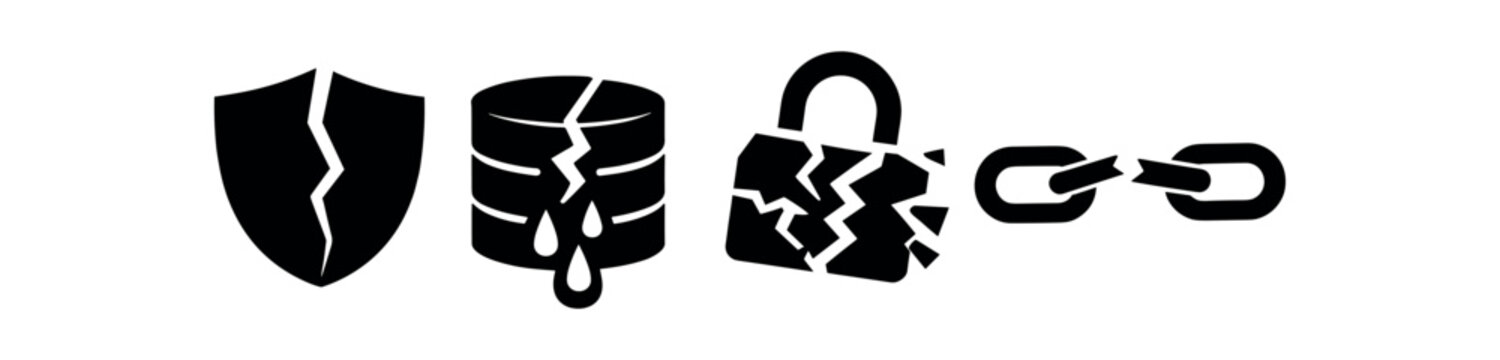 Shield and database, broken lock and chain data breach symbol flat vector icon