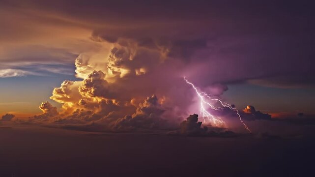 Dramatic thunderstorm with vivid purple lightning arcing through towering cumulonimbus clouds at sunset over a dark horizon, aerial storm footage for weather reports, documentary scenes, cinematic bac