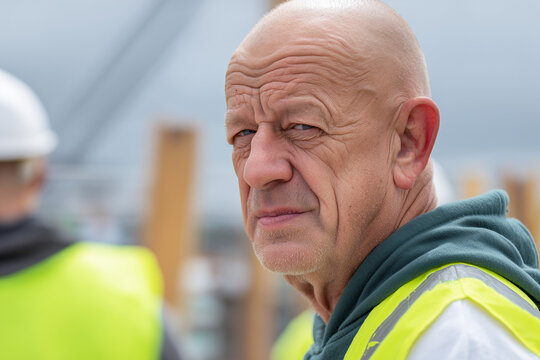 Older worker in safety vest at construction site, tired expression and realistic wrinkles under overcast sky, capturing aging workforce, labor fatigue and real working conditions.