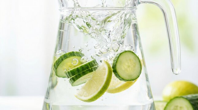 Sliced cucumbers and limes splash into a glass pitcher of clear water. The bright setting evokes feelings of freshness, health, and natural beauty. Perfect for wellness and skincare content.