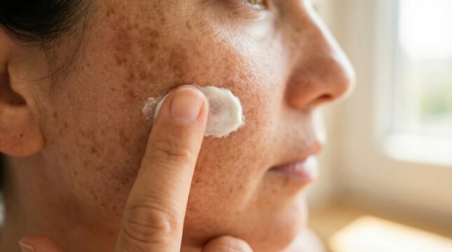 Close up woman with hyperpigmentation applying white cream to her cheek. This image represents skincare routine for sun damaged or sensitive skin. Ideal for dermatology and beauty articles.