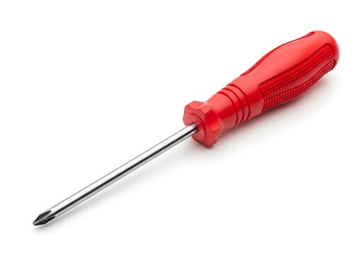 High-quality isometric view of a manual red screwdriver with textured anti-slip grips for home repair and construction projects.