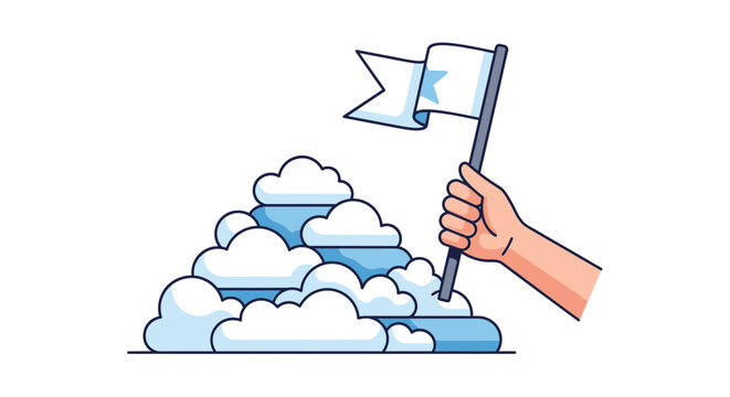 A hand holding a flag on top of a pile of clouds in a cartoon illustration