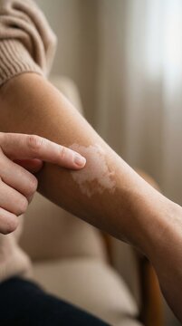 Close up of a person pointing to a depigmentation patch on their arm. This depicts vitiligo and skin diversity. Ideal for medical articles, dermatology blogs, and inclusivity campaigns.