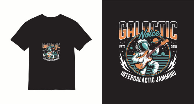 Galactic noice astronaut playing guitar t shirt design with intergalactic jamming theme for music and space fans