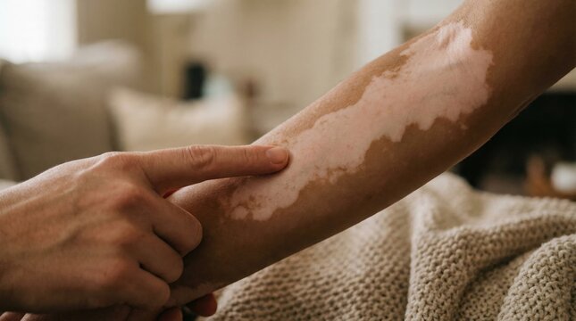 Finger touching vitiligo patches on arm. Concept of skin diversity and body positivity. Useful for medical articles or dermatological care blogs.