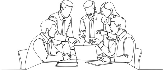 Obraz premium Continuous single line drawing of business team discussing ideas in meeting collaboration concept on white background