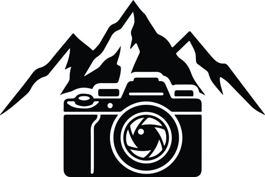 Mountain Camera Logo for Travel Photography Branding,
Minimal black camera icon combined with mountain peaks, representing outdoor photography, adventure travel, and creative branding for photographer