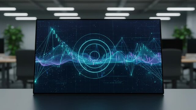 Focused medium shot of a wholesale banking dashboard showing intricate CBDC transaction data with ambient office elements softly out of focus behind.