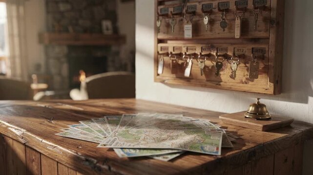 Morning light illuminates the small lodge checkin desk focusing on neatly arranged local maps and key hooks with the surrounding lobby gently out of focus.