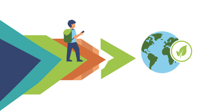 Green Journey to a Sustainable Planet: Eco-Conscious Individual Navigating Towards Earth with Leaf Symbol