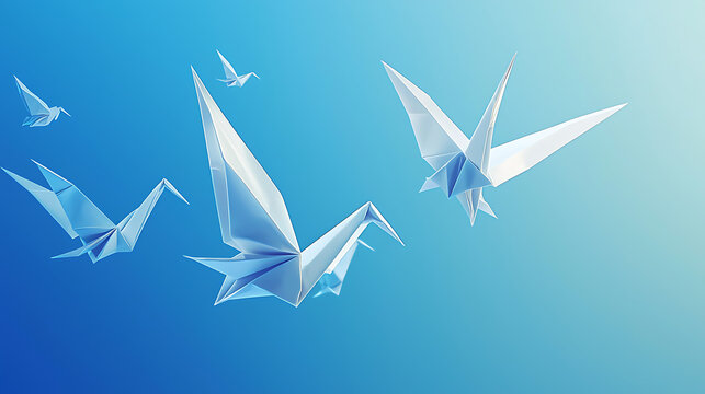 Origami cranes fly peacefully across a clear blue sky with paper birds.